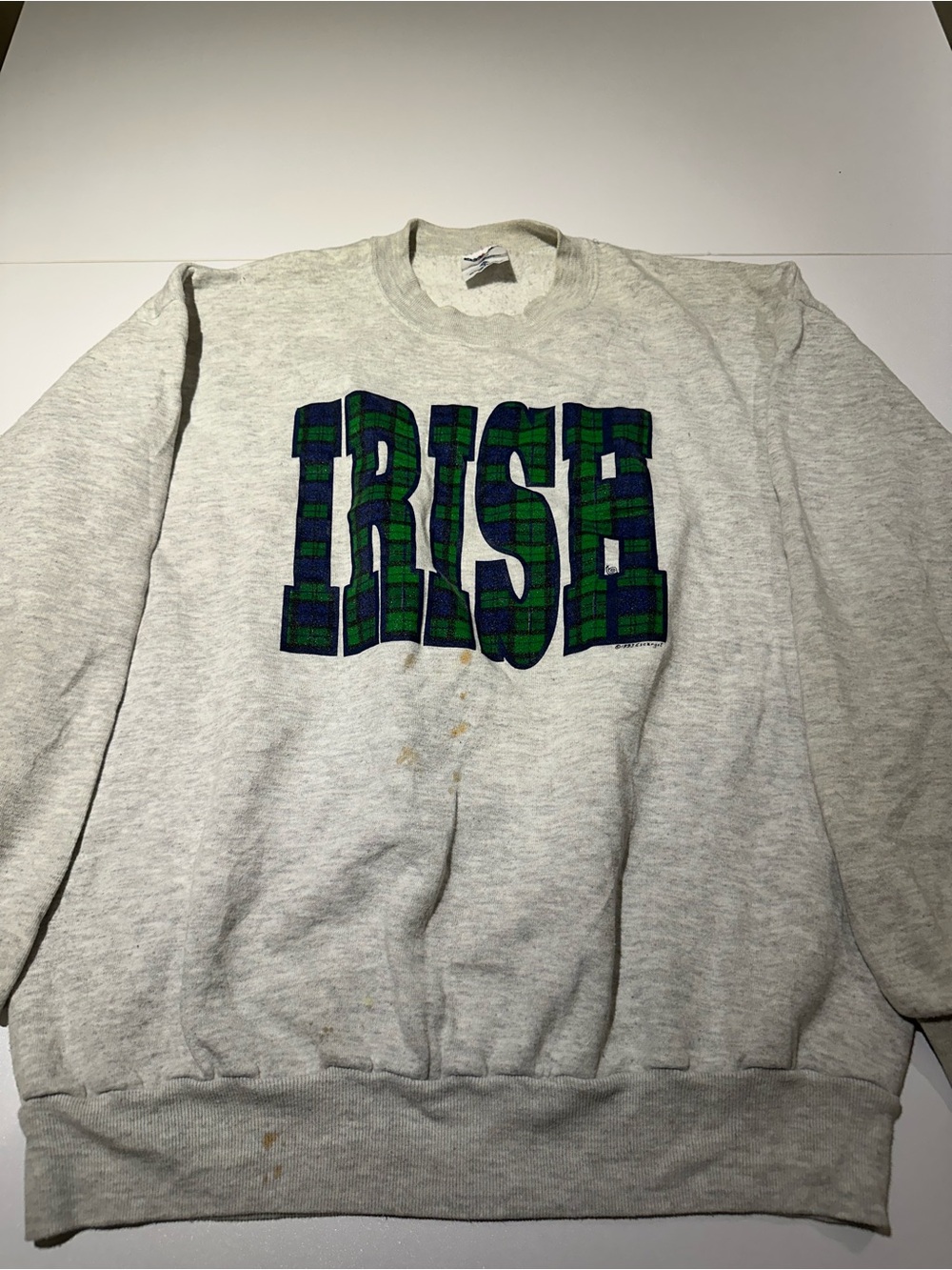 Jerzees Gray Crewneck Sweatshirt with Green and Blue Plaid 'IRISH' Graphic